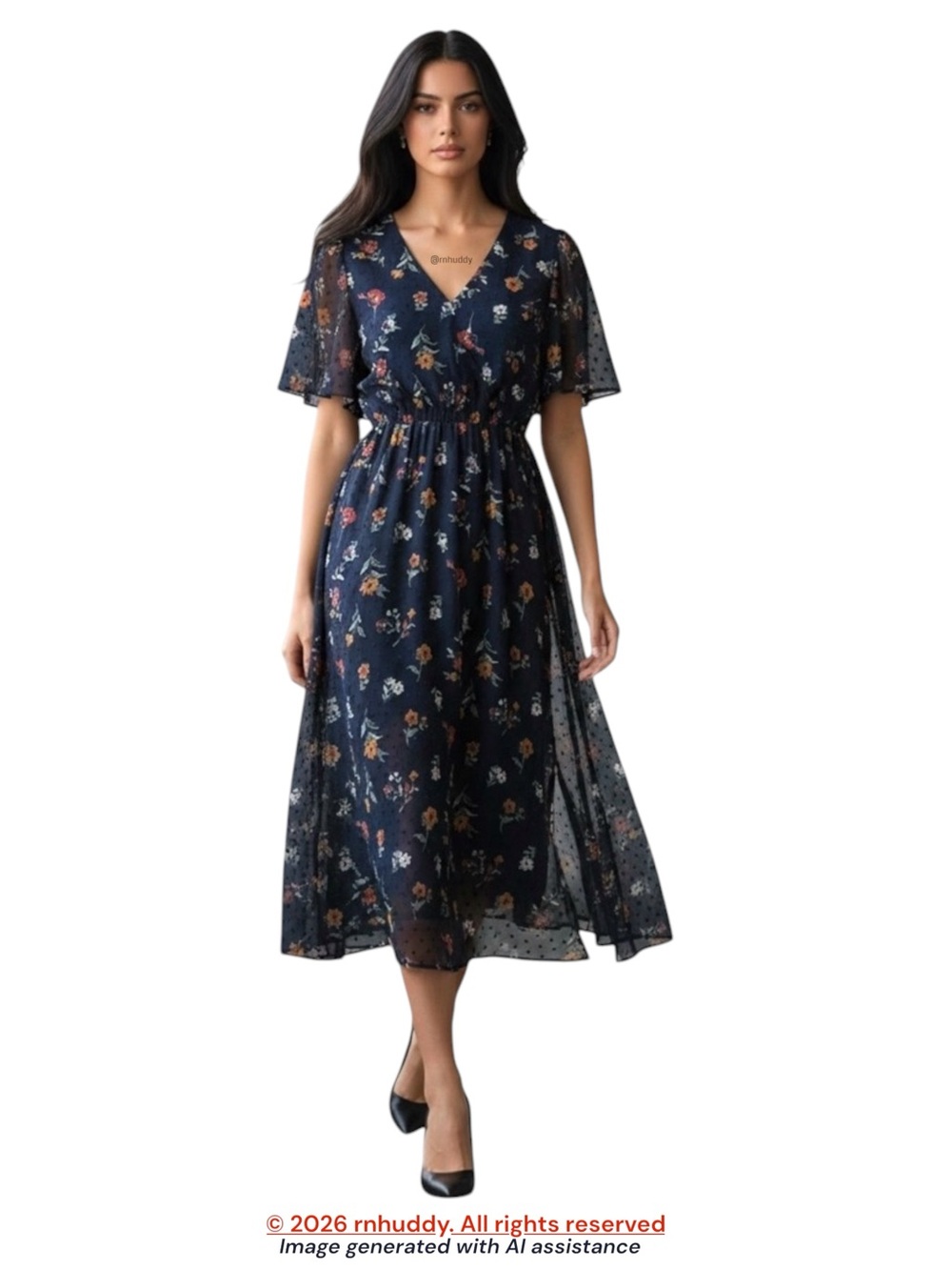 J.O.A. S navy floral side slit Swiss dot midi dress